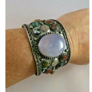 Amethyst Silver Tone Aged Boho Wide Cuff Bracelet
